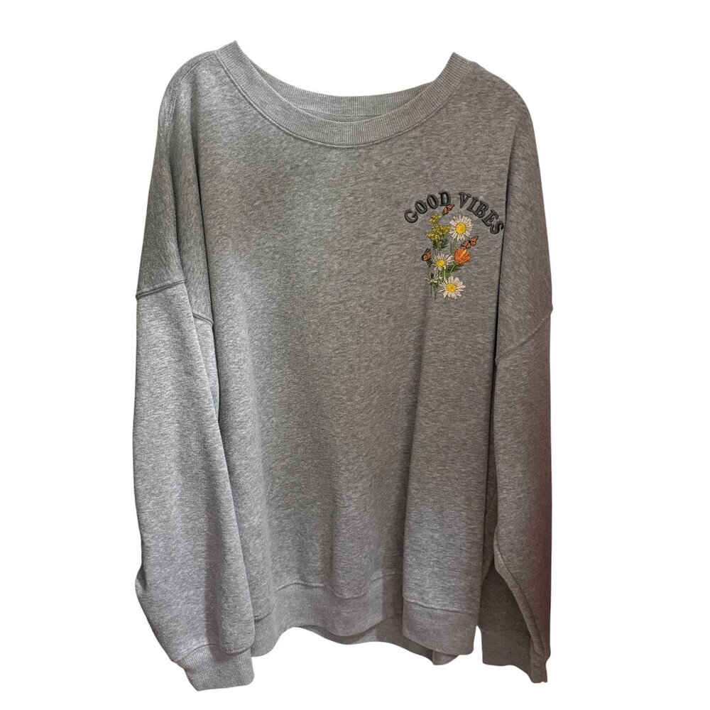 Mighty Fine Good Vibes Floral Butterfly Graphic Sweatshirt Oversized Gray XL